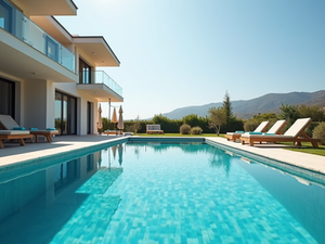 High angle view of a coastal town in North Cyprus with residential buildings
