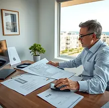 Buyer reviewing North Cyprus property developer documents, plans and legal paperwork before purchasing off-plan real estate.