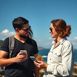 Lifestyle and financial independence imagery using cryptocurrency.