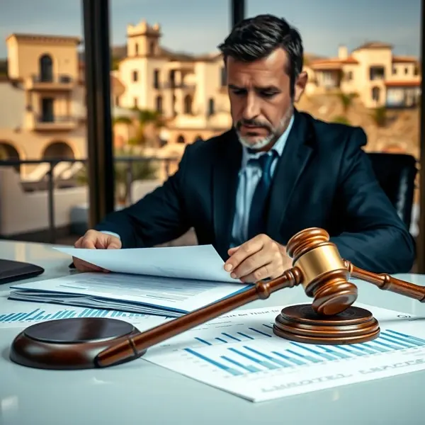 A serious real estate investor reviewing documents at a modern desk with a judge’s gavel in the foreground