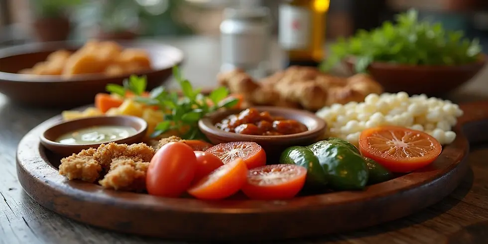 Eye-level view of a traditional Cypriot meze platter with various small dishes