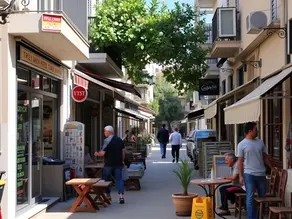 A street scene in Girne, North Cyprus, showing cafés, shops, and workers, representing the economic impact of the 2026 minimum wage increase on local businesses and households.