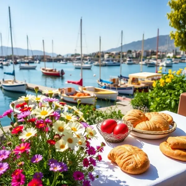 Springtime Easter scene in Kyrenia harbour Northern Cyprus with wildflowers and traditional Easter food.