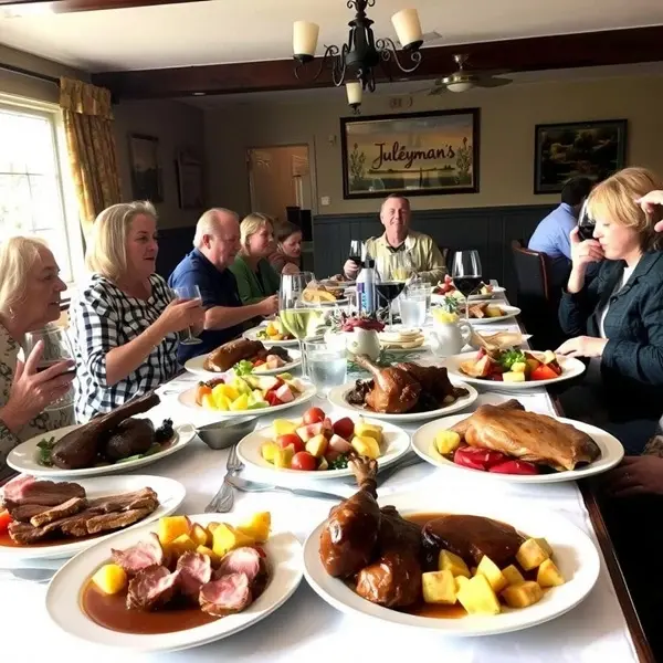 Sunday roast being served at Juleymans restaurant with diners enjoying the meal