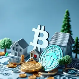 Property-related imagery combined with digital currency elements.