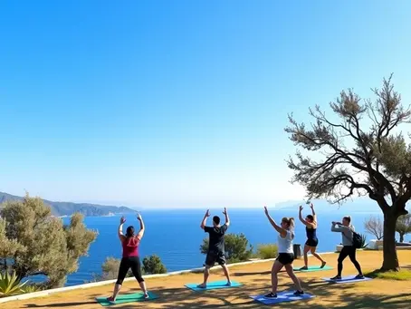 A scenic view of a fitness retreat in North Cyprus showing people exercising outdoors near the Mediterranean Sea, surrounded by olive trees and blue skies — symbolising health, relaxation, and wellness.