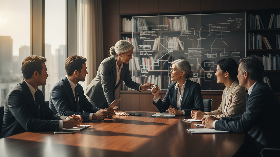 Close-up view of a corporate meeting room with diverse executives discussing strategy
