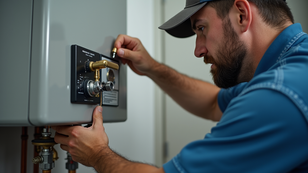 Close-up view of a maintenance technician fixing a residential water heater