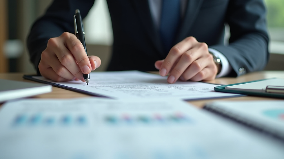 Close-up view of a property manager reviewing rental documents