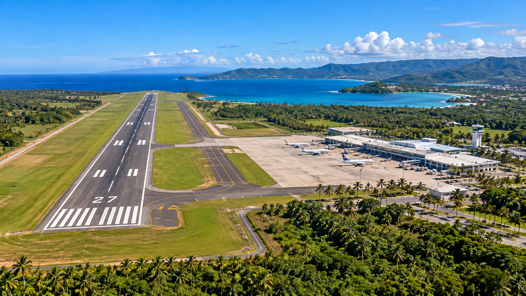 Illustrative aerial visualization of El Catey International Airport, with runway and terminal