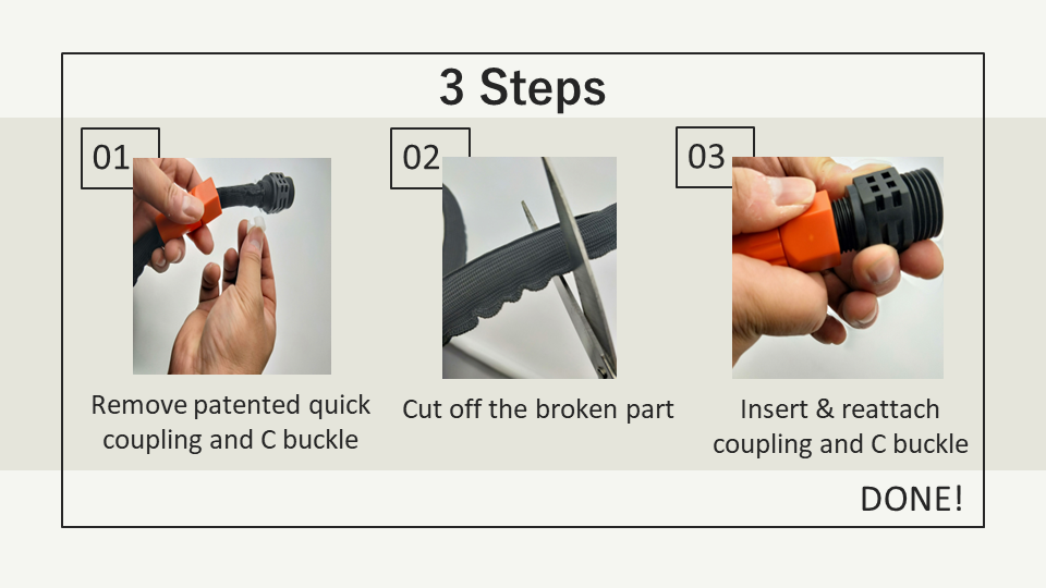 Demonstration for how to repair the expandable hose with patent design C buckle.