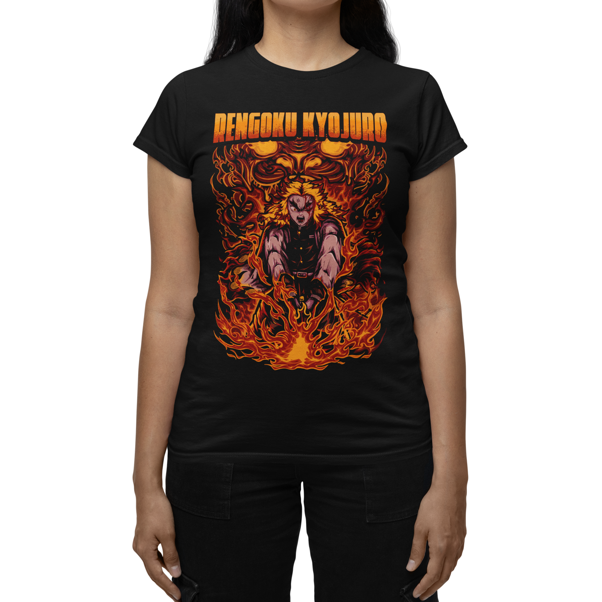 Black t-shirt featuring Rengoku from Demon Slayer in flame-themed design