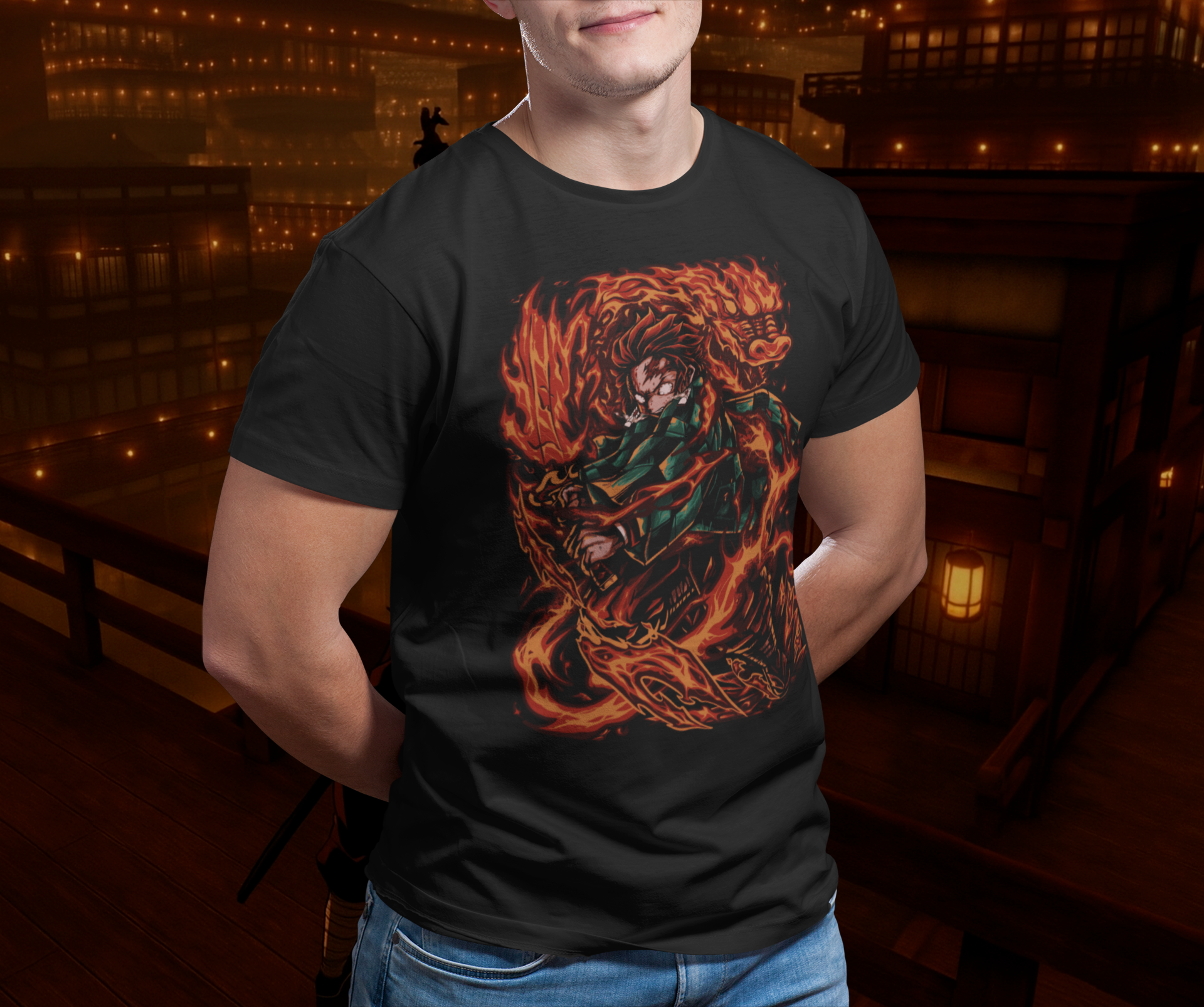 Black t-shirt with bold Tanjiro artwork set in the Infinity Castle from Demon Slayer