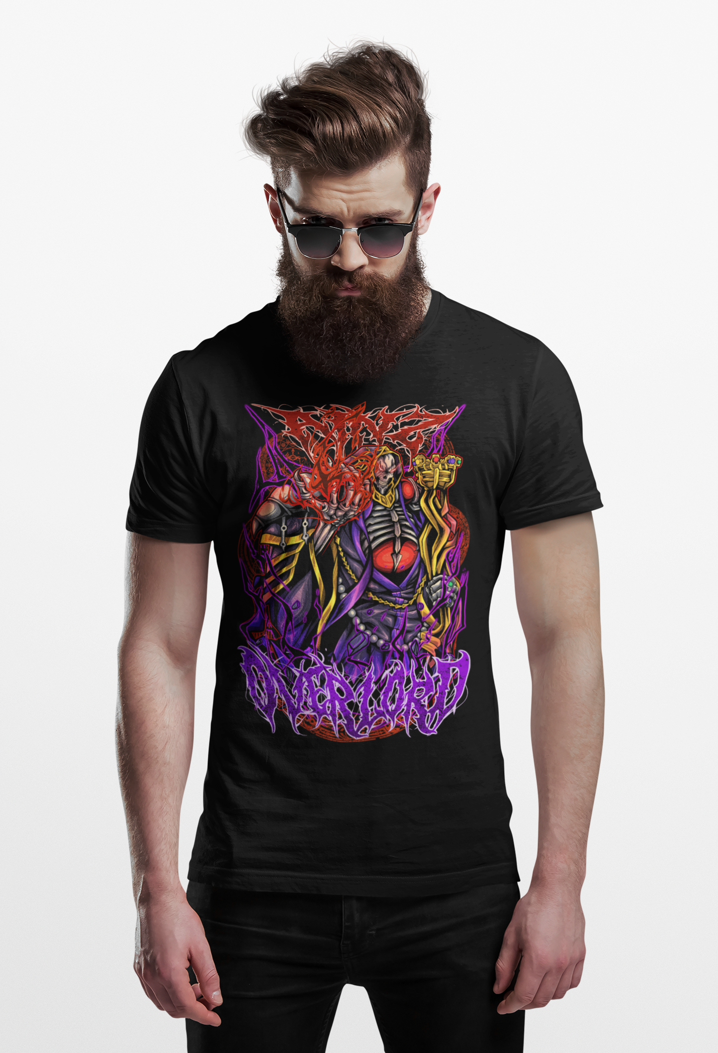 Model wearing Overlord Ainz t-shirt with bold anime design