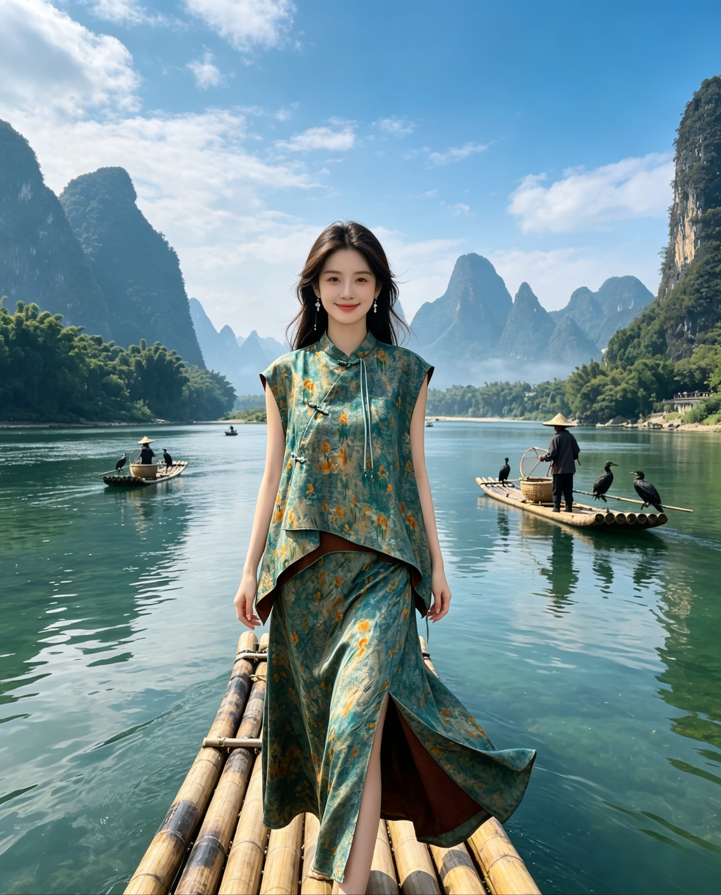 Modern Neo-Chinese Floral Silk Two-Piece Set