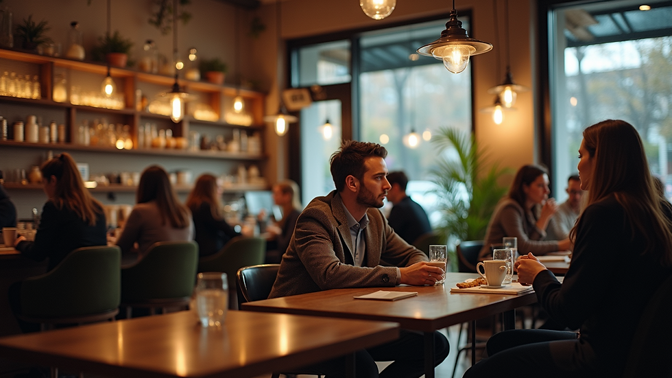 Eye-level view of a cozy coffee shop interior with people engaged in conversation