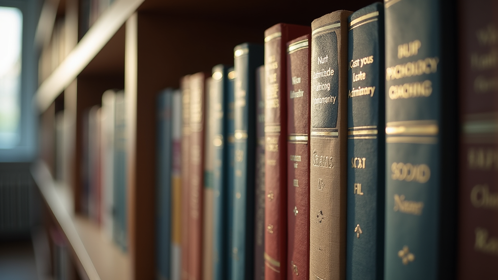 Eye-level view of a bookshelf filled with psychological coaching books