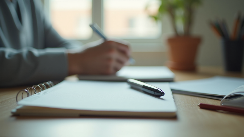 Eye-level view of a calm workspace with a notebook and pen