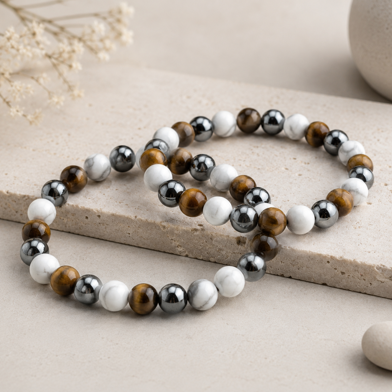 Howlite Hematite Tigers Eye Beaded Boho Bracelet Crystal Grounding Jewelry Gift