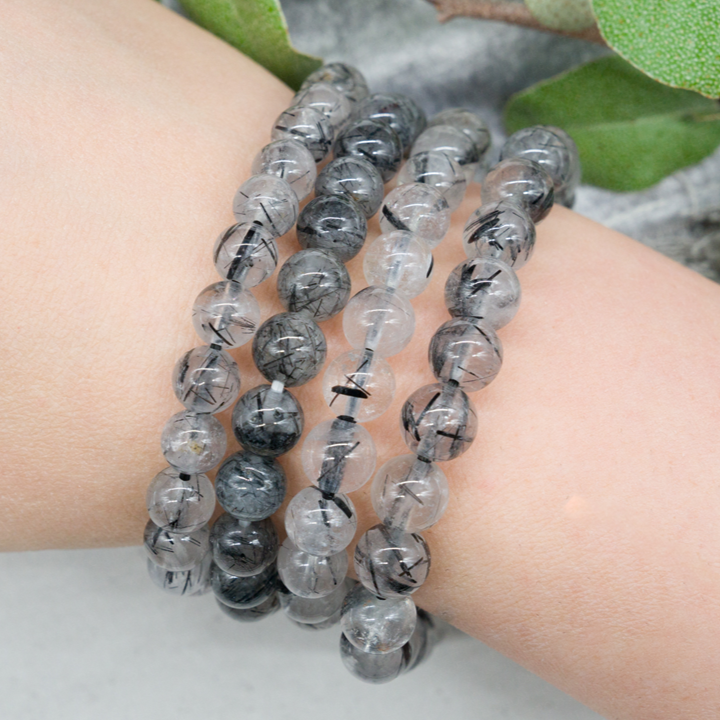 Thumbnail: Natural Black Tourmaline Rutilated Quartz Crystal Bracelet Healing Protection