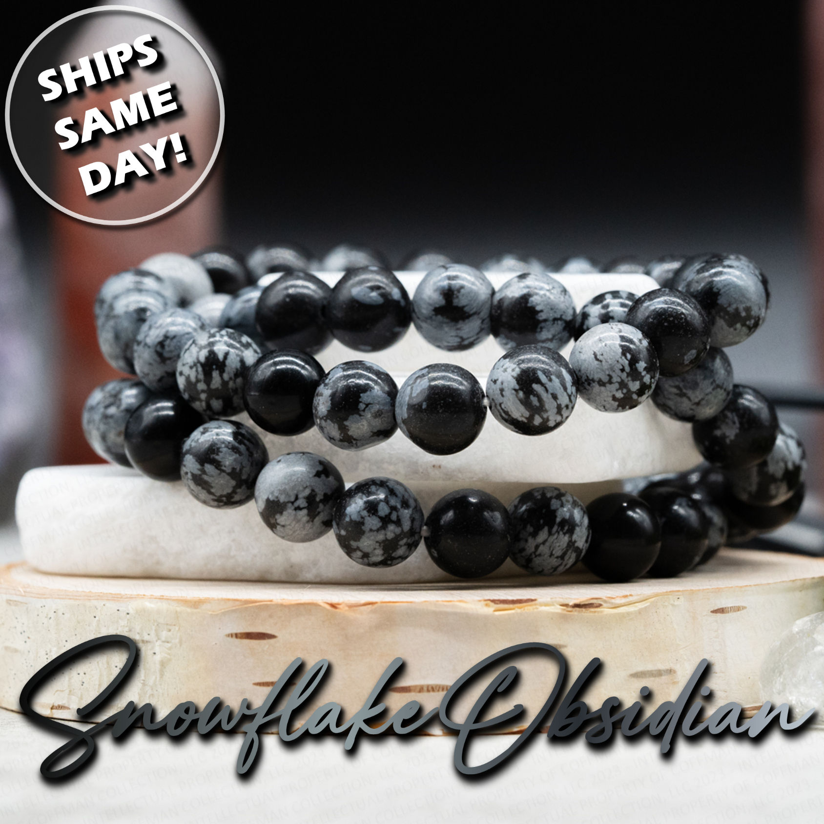 Snowflake Obsidian Crystal Round Beaded Bracelet Unisex Fashion Jewelry Black