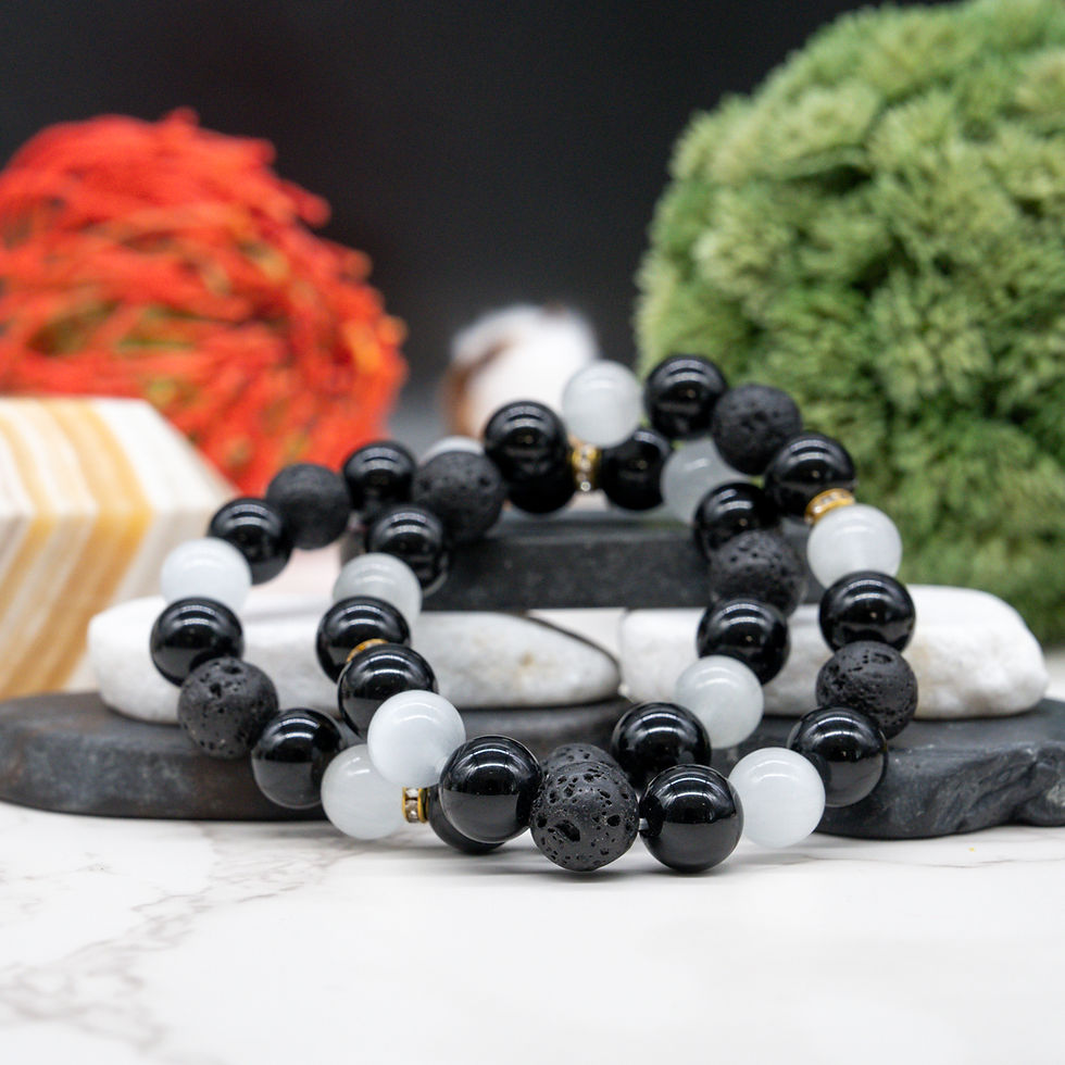Thumbnail: Obsidian Selenite Lava Rock Round Beaded Bracelet Crystal Healing Jewelry Gift