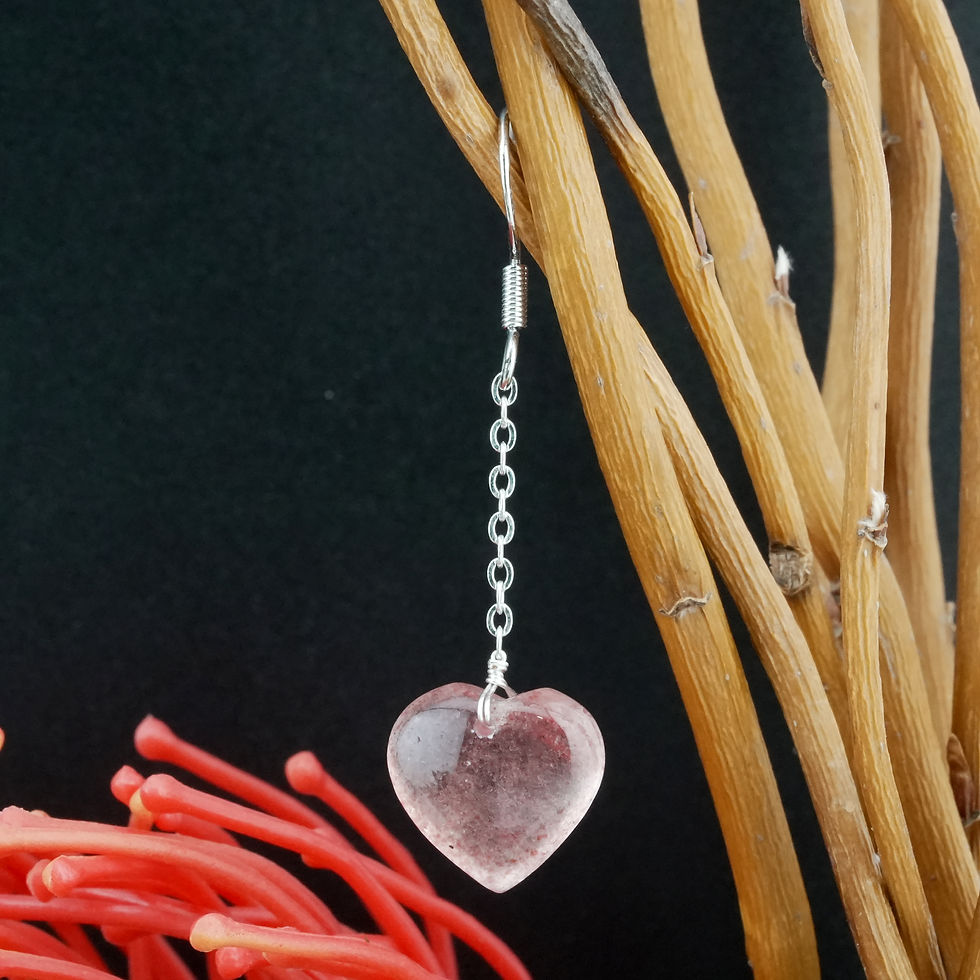 Thumbnail: Strawberry Quartz Crystal Puffy Heart Hanging Earrings 925 Silver Jewelry Gift