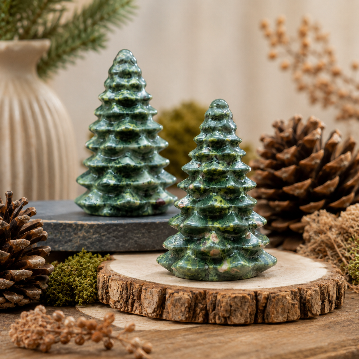Green Jade Crystal Pine Tree Carving Natural Stone Spiritual Healing Decor Gift