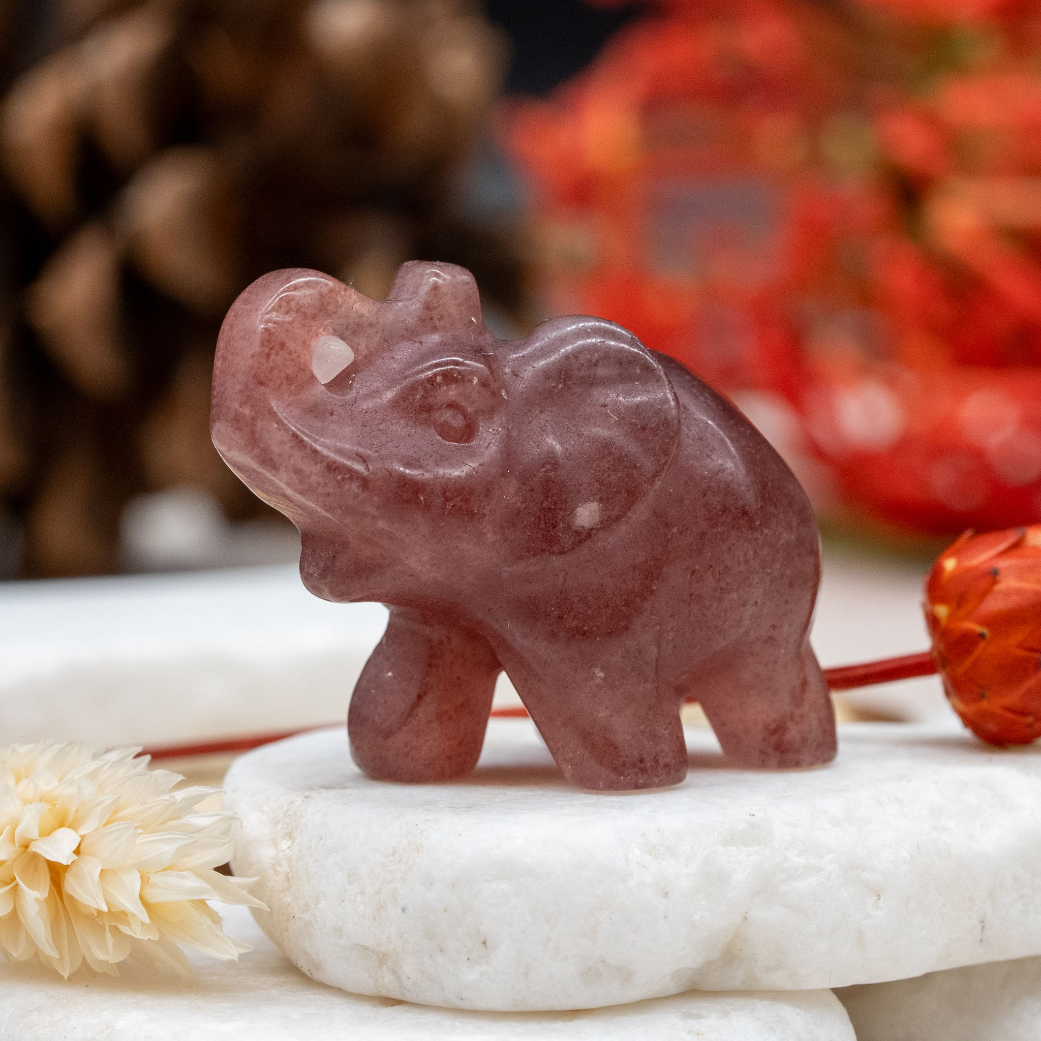 Pink Strawberry Quartz Crystal Elephant Carving Decor Animal Figurine Gemstone