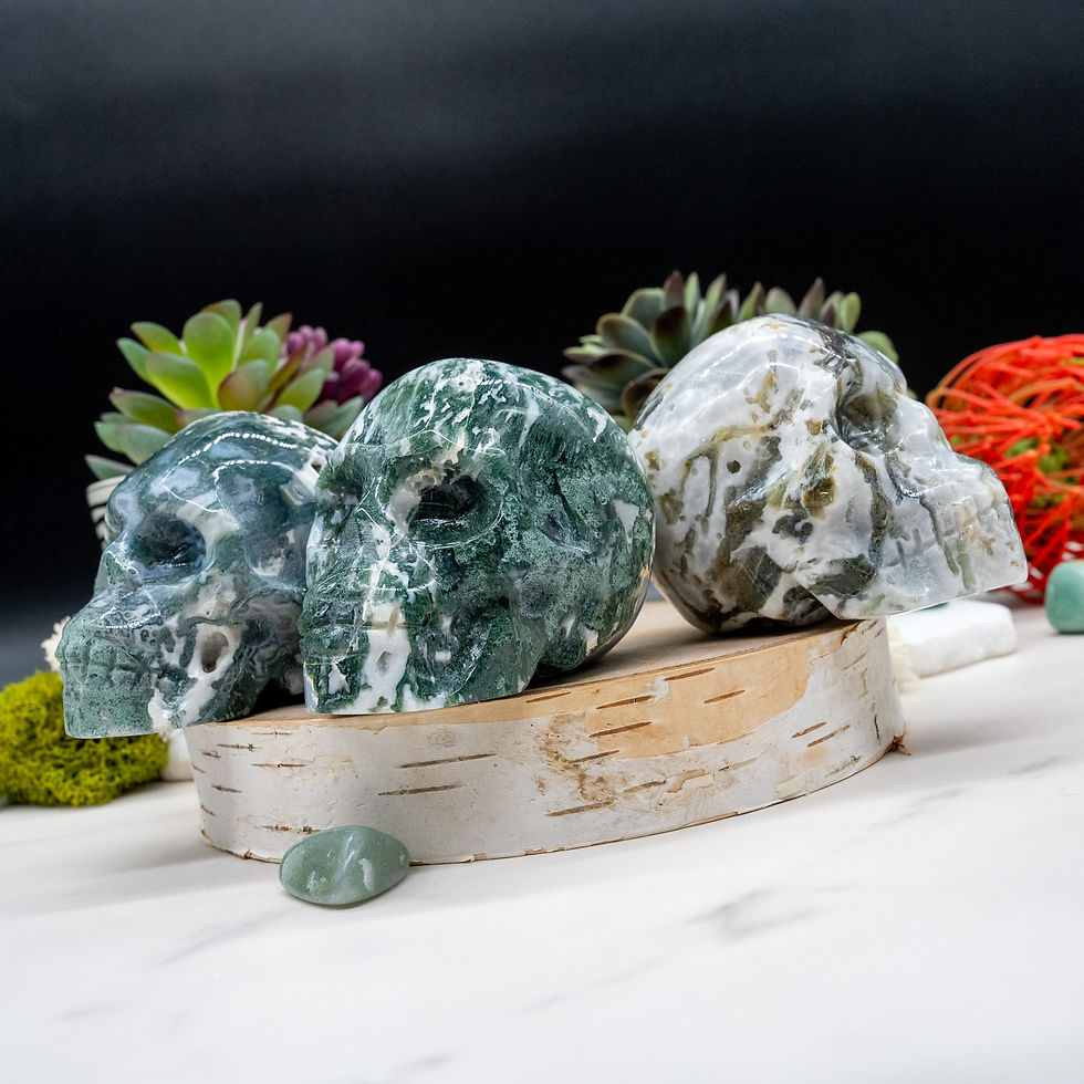Miniatura: Moss Agate Natural Crystal Skull Carving Figurine Home Decor Stone Green Crystal