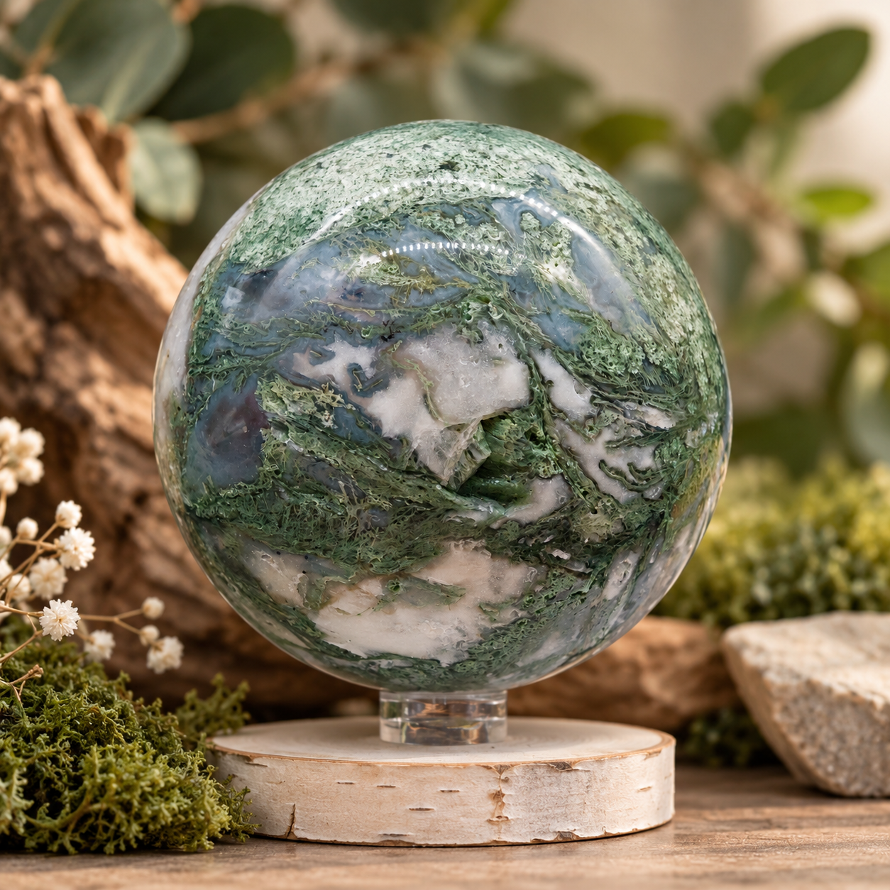 Druzy Moss Agate Crystal Sphere Spiritual Healing Meditation Stone Ball Decor