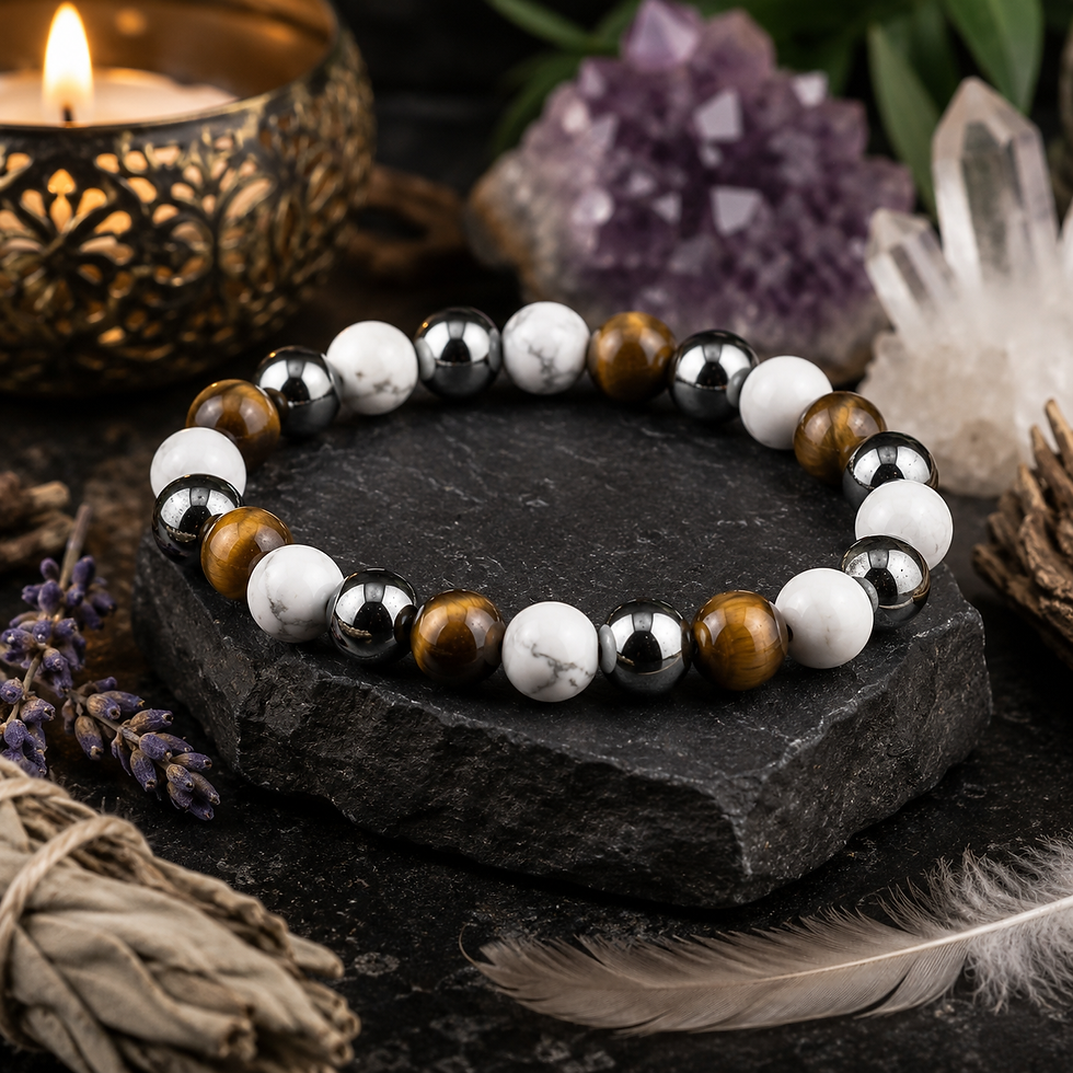 Thumbnail: Howlite Hematite Tigers Eye Beaded Boho Bracelet Crystal Grounding Jewelry Gift