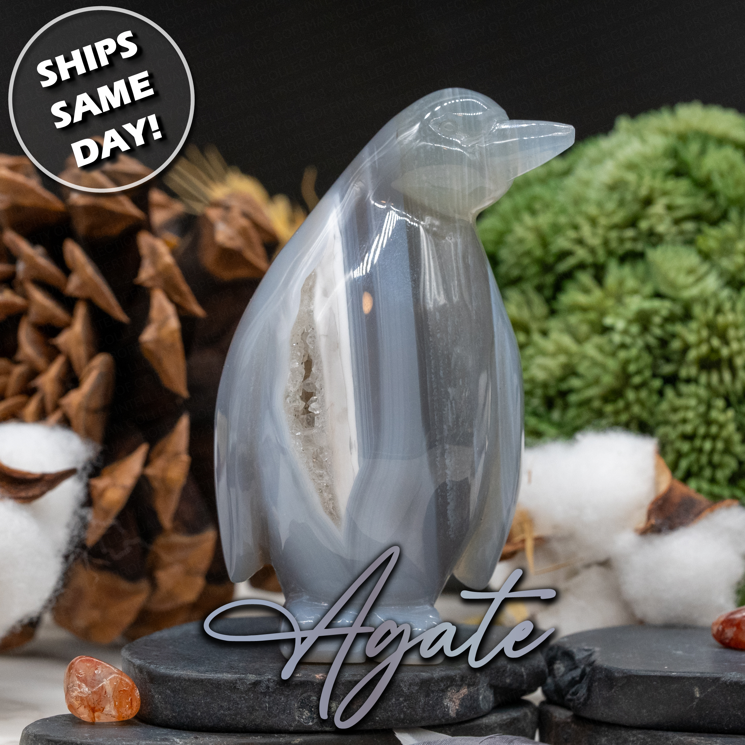 Sugar Druzy Agate Crystal Carving Cute Penguin Figurine Gemstone Geode Trinket