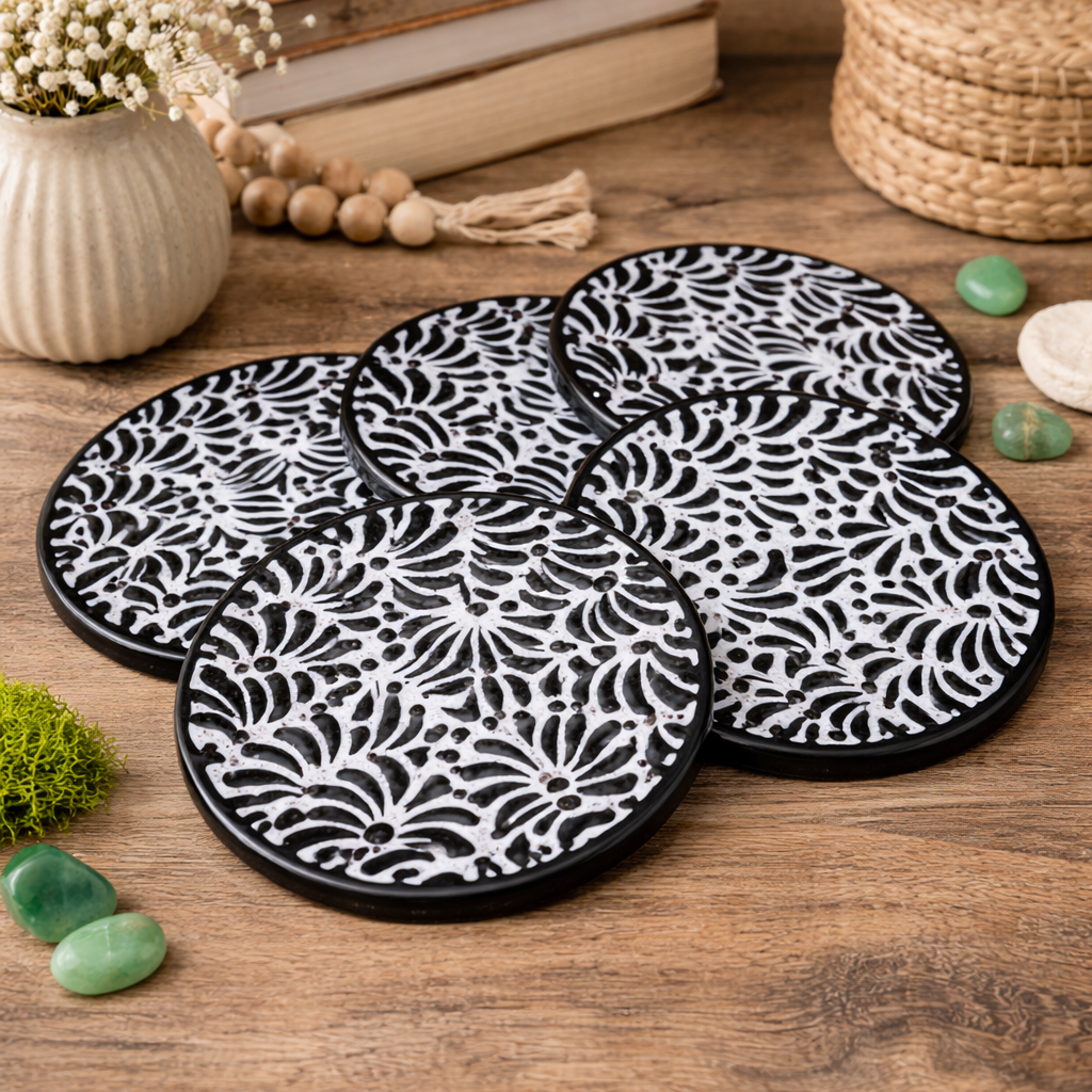 Handmade Talavera White Black Ceramic Round Coasters Set Home Decor Kitchen Gift