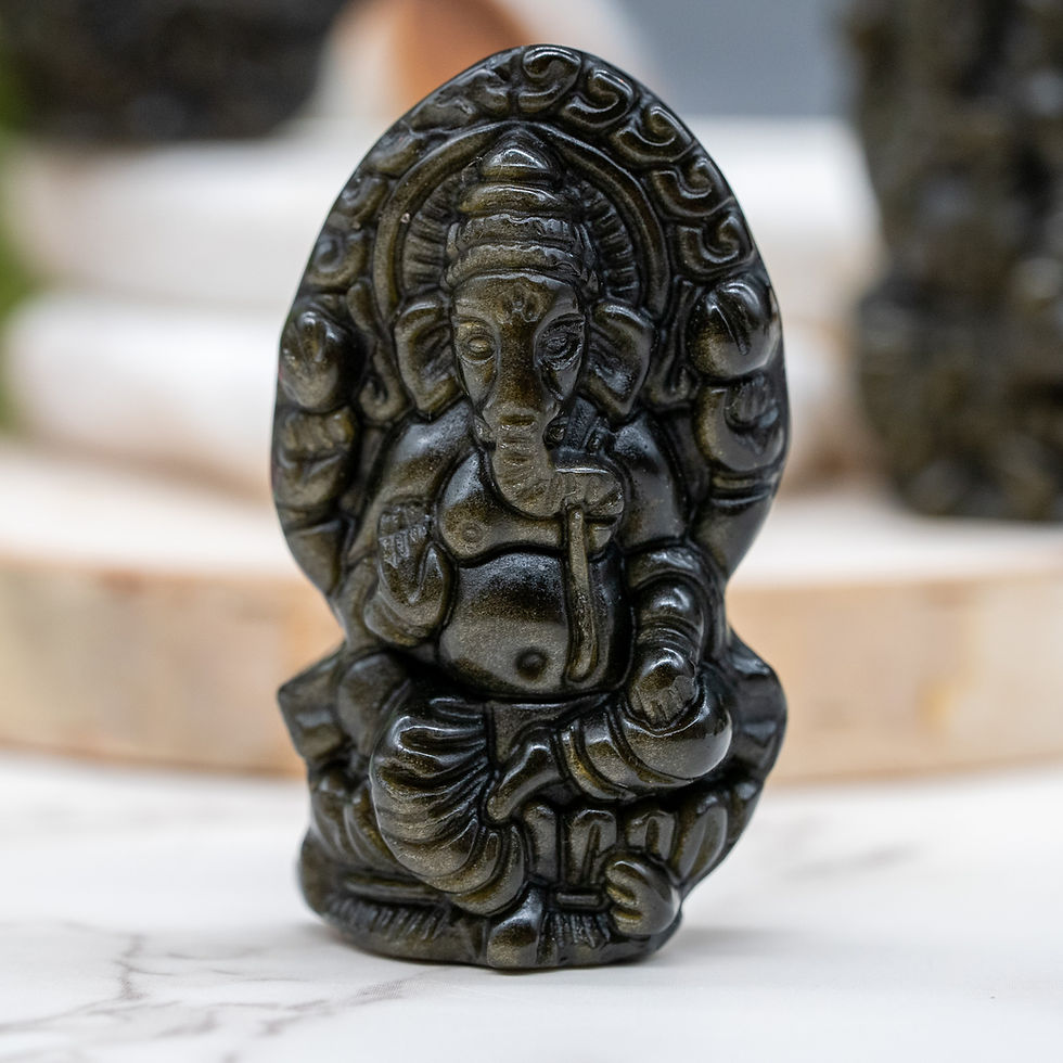 Thumbnail: Gold Obsidian Crystal Ganesha Figurine Hindu Prayer Pocket Stone Black Crystal