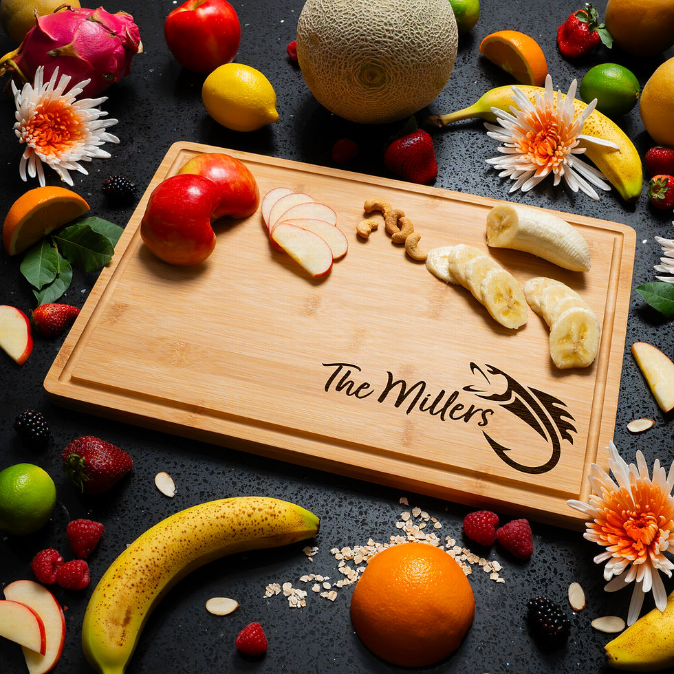 Thumbnail: Personalized Engraved Bamboo Cutting Board Family Name Fish Charcuterie Tray
