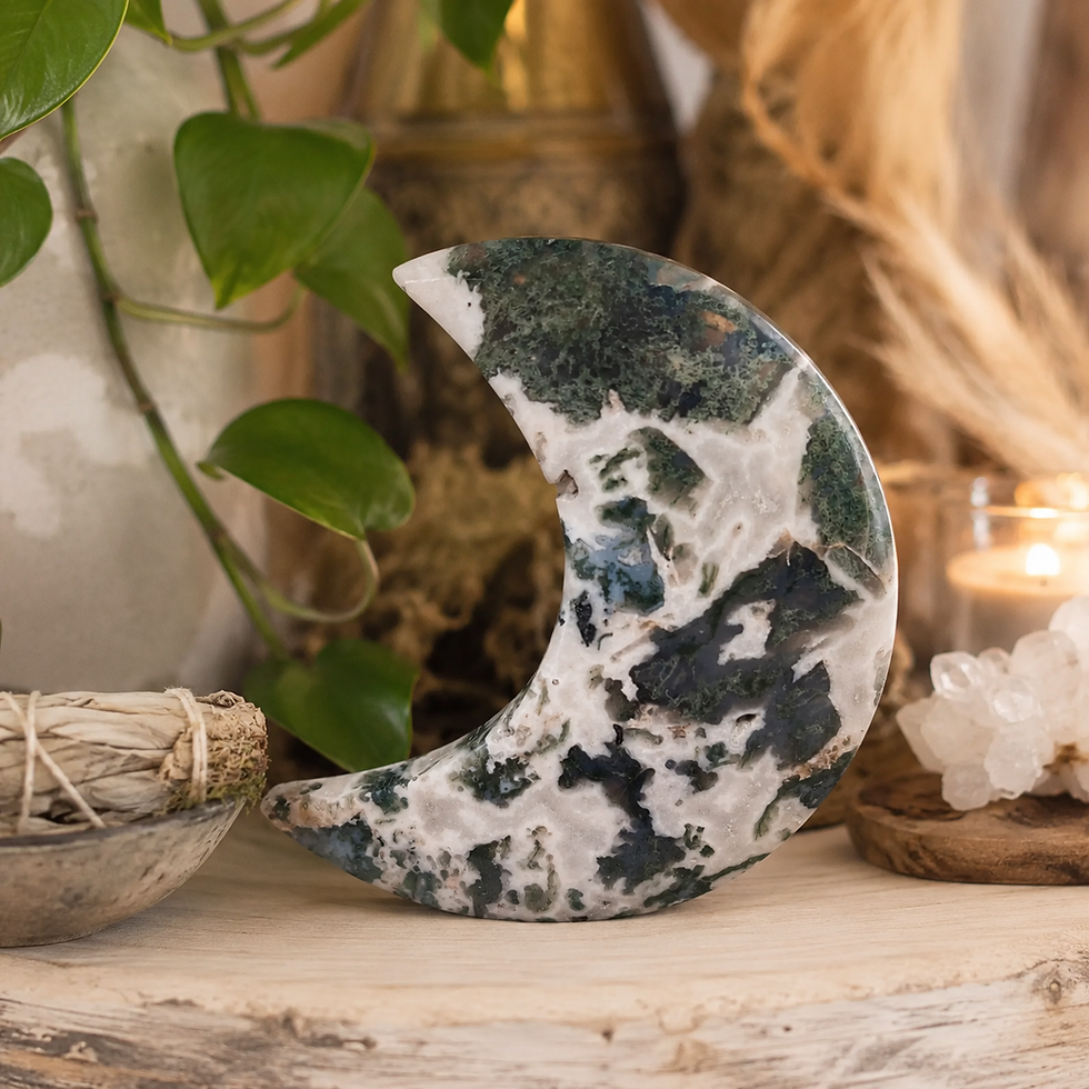 Miniatura: Natural Druzy Moss Agate Moon Crystal Decor Spiritual Energy Lunar Altar Stone