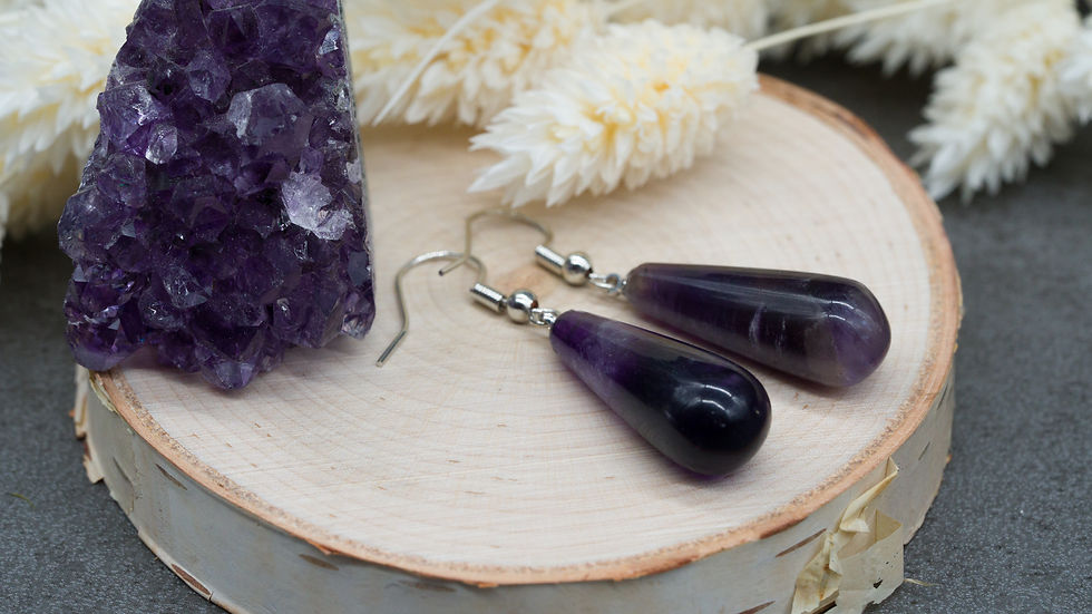 Thumbnail: Purple Amethyst Crystal Gemstone Teardrop Dangle Drop Earrings Silver Wire