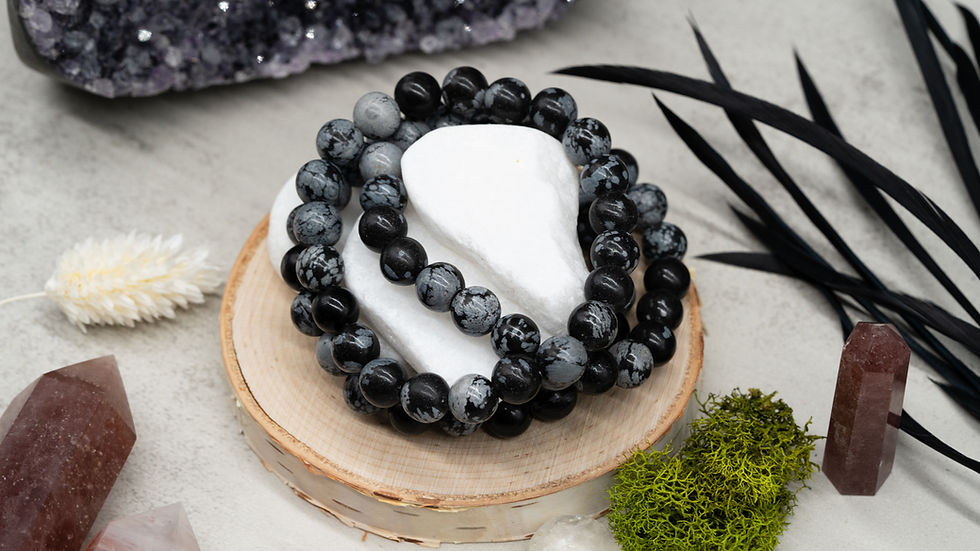Thumbnail: Snowflake Obsidian Crystal Round Beaded Bracelet Unisex Fashion Jewelry Black