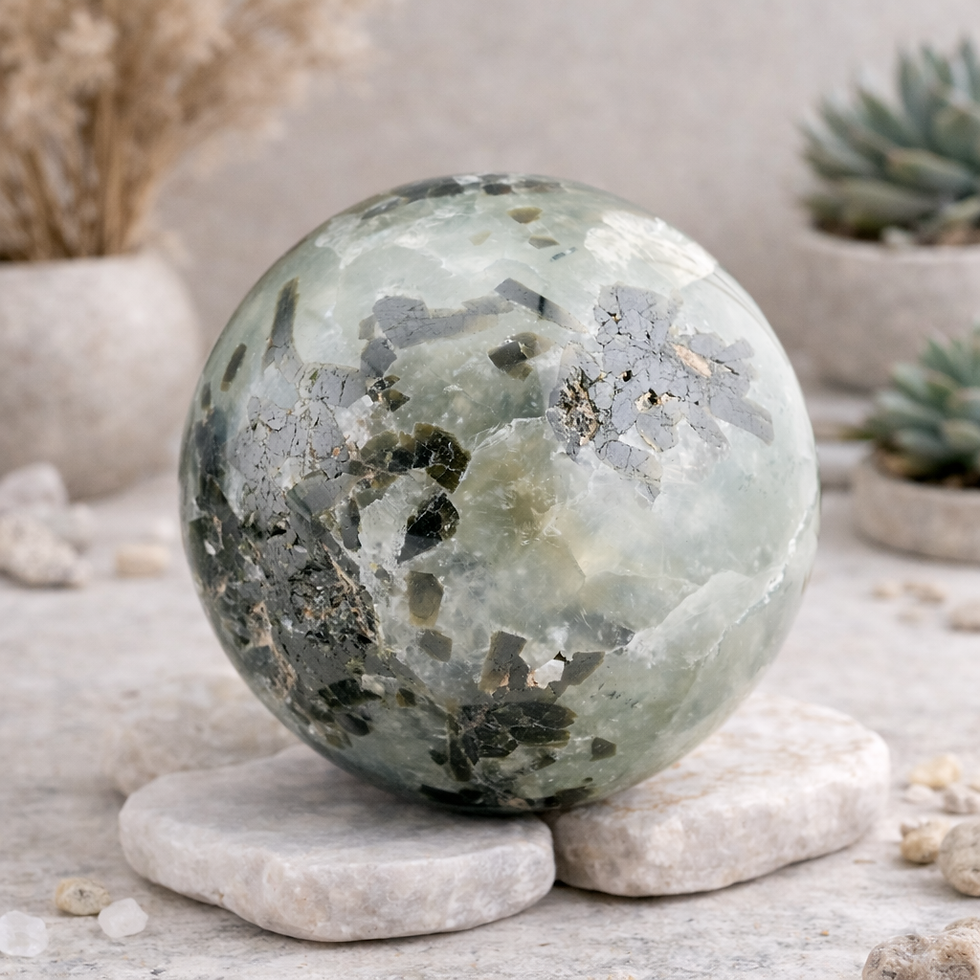 Thumbnail: Prehnite Epidote Natural Crystal Sphere Tourmaline Inclusions Green Crystal Ball