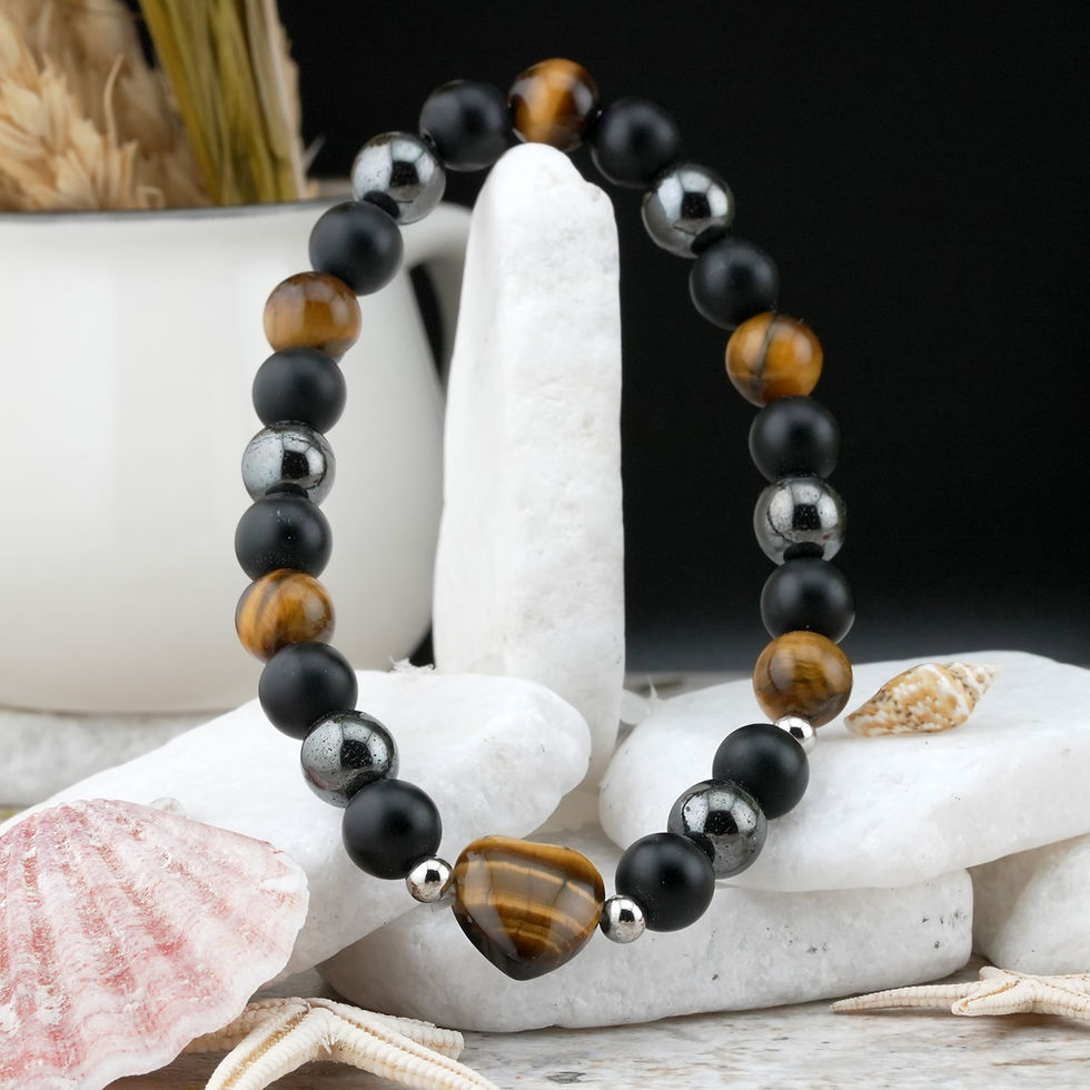 Miniatura: Obsidian Tiger's Eye Heart Accent Beaded Bracelet Crystal Boho Jewelry Gift