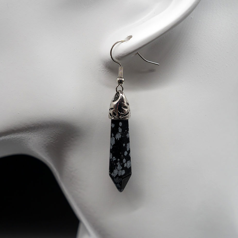 Thumbnail: Snowflake Obsidian Natural Crystal Teardrop Dangle Drop Earrings Silver Wire