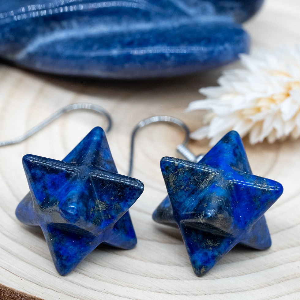 Thumbnail: Lapis Lazuli Crystal Gemstone Merkaba Carving Dangle Earrings Sacred Geometry