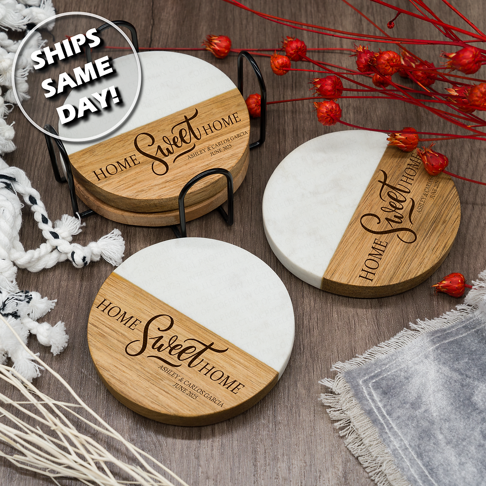 Thumbnail: Custom Wedding Gift Engraved Coaster Set Personalized Housewarming Gift Custom