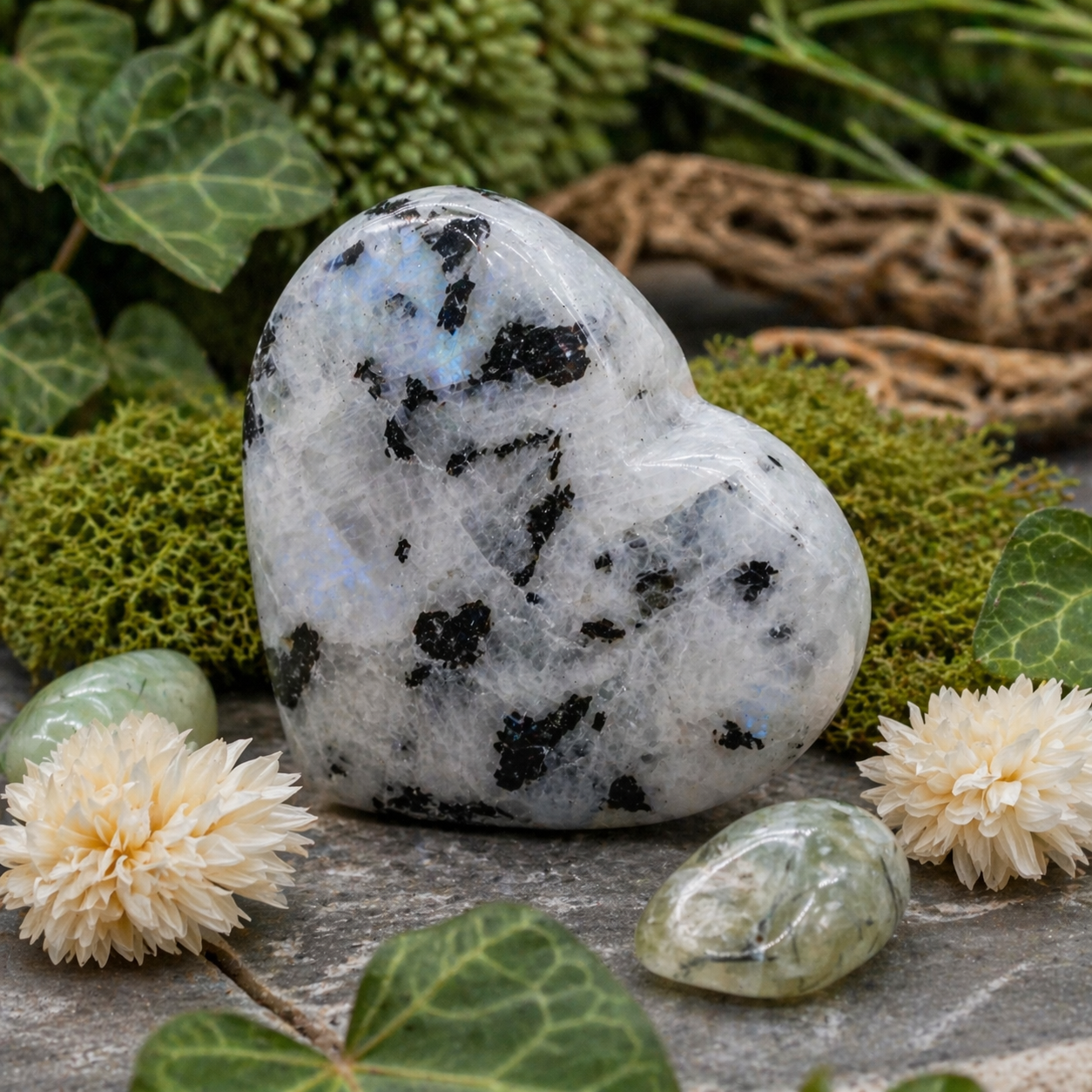 Rainbow Moonstone Heart Crystal Carving Healing Protection Meditation Decor Gift