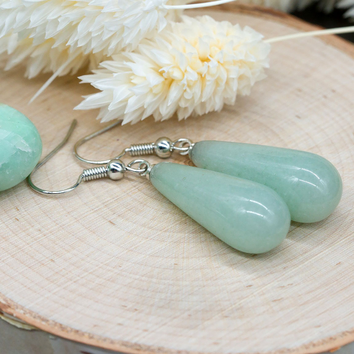 Natural Green Aventurine Crystal Gemstone Teardrop Dangle Drop Earrings Silver