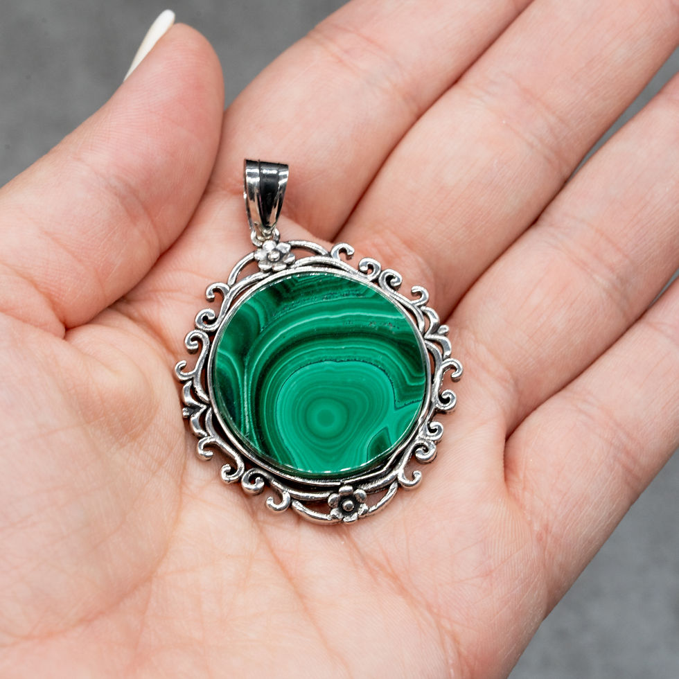 Miniatura: Natural Malachite Silver Round Floral Pendant Crystal Boho Jewelry Green Stone