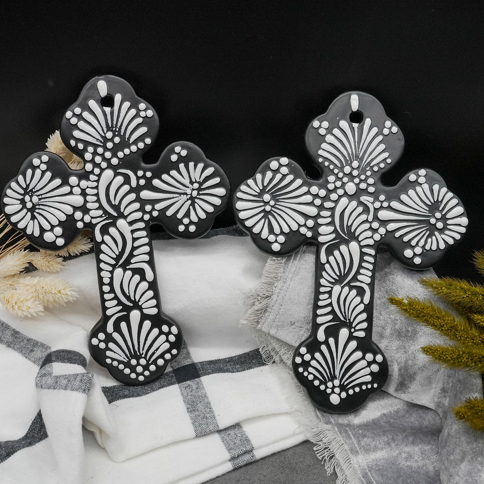 Miniatura: Black Ceramic Talavera Cross Hand Painted Mexican Pottery Religious Decor Gift