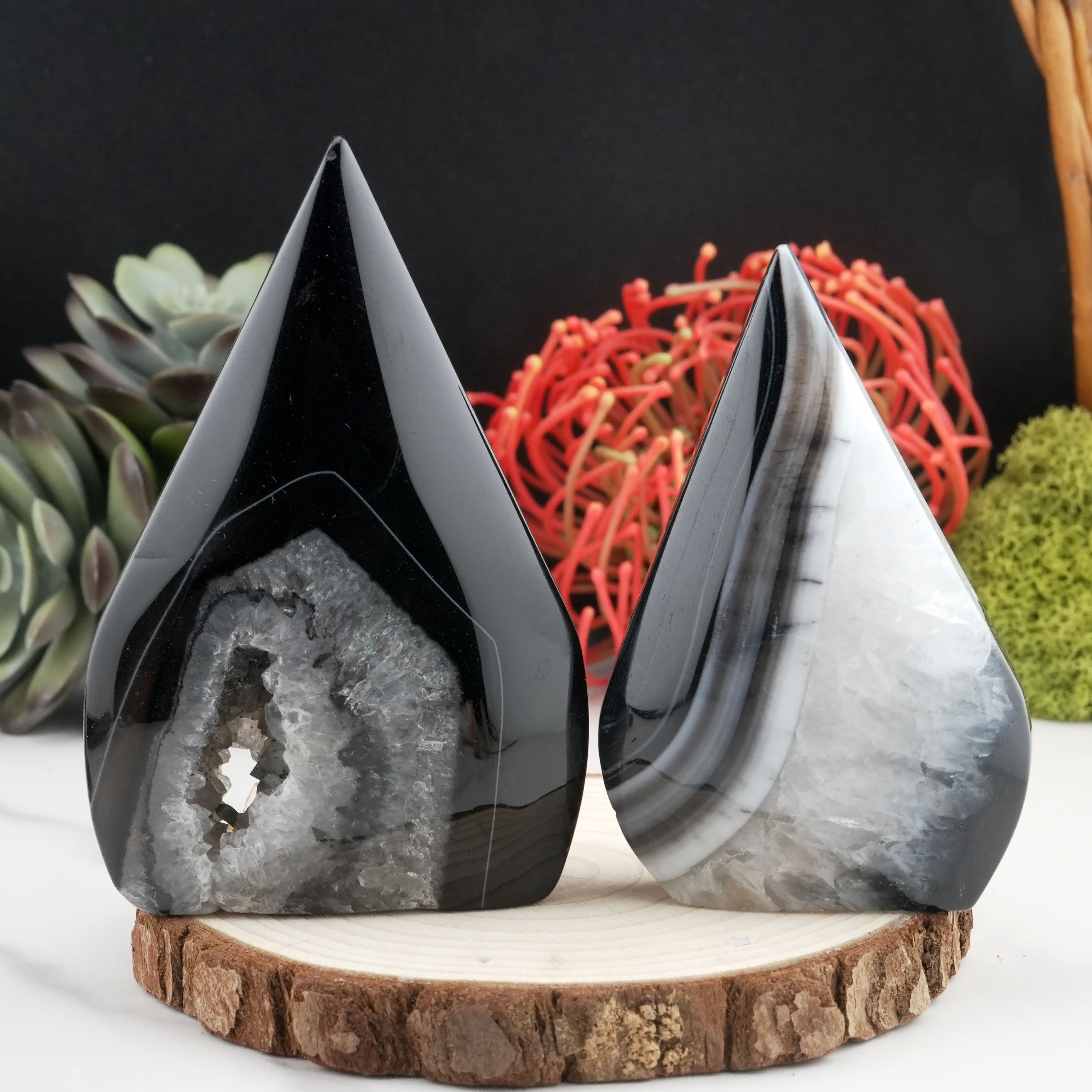 Black Agate Quartz Crystal Freeform Flame Spiritual Protection Stone Decor Gift