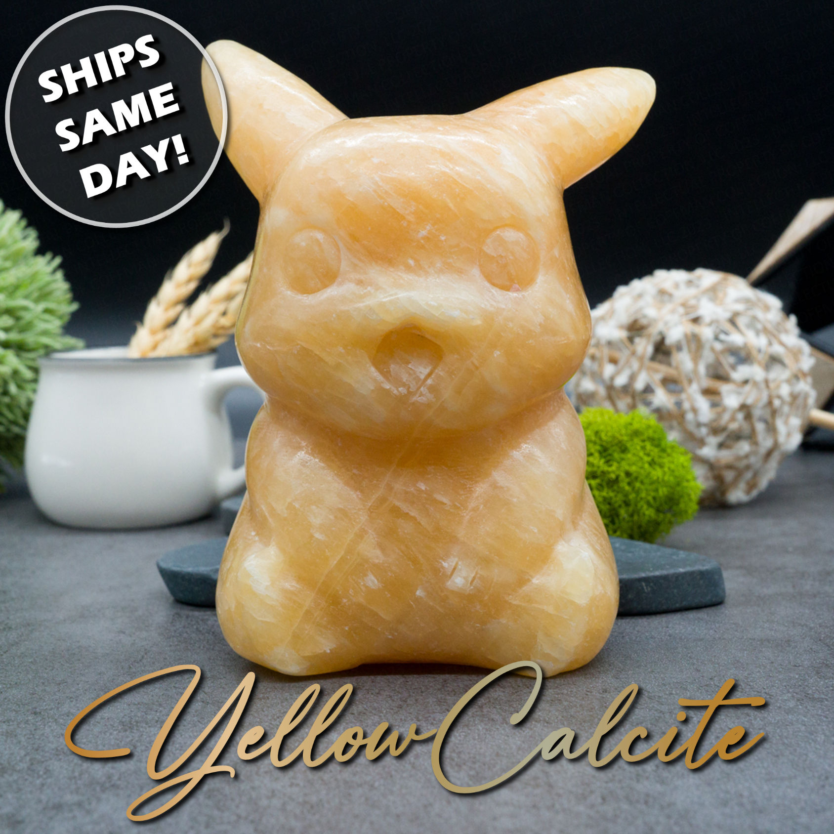 Big Yellow Calcite Crystal Carving Pikachu Fanart Character Figurine Anime Decor